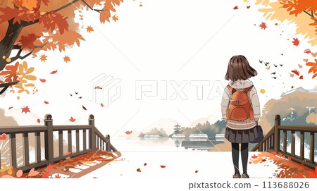 在秋季公園玩耍的女孩,後視圖 在秋季公園玩耍的女孩,後視圖 113688026