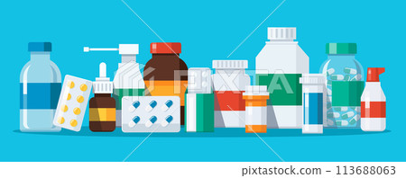 Group of Medicine bottles capsules vector illustration 113688063