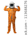 Astronaut wearing orange spacesuit and helmet showing biceps gesture isolated on white background. Empty helmet for your copy. Astronaut Father's Day concept isolated on white background 113688276