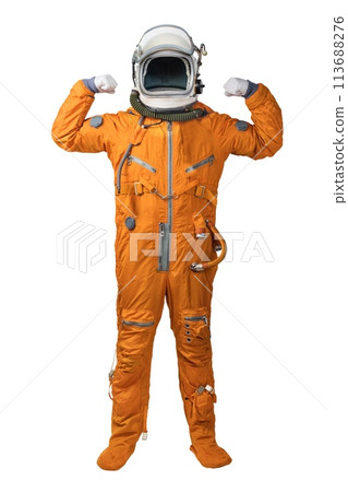 Astronaut wearing orange spacesuit and helmet showing biceps gesture isolated on white background. Empty helmet for your copy. Astronaut Father's Day concept isolated on white background Astronaut wearing orange spacesuit and helmet showing biceps gesture isolated on white background. Empty helmet for your copy. Astronaut Father's Day concept isolated on white background 113688276