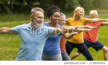 Group of diverse seniors led by instructor practicing warrior yoga pose outdoors Group of diverse seniors led by instructor practicing warrior yoga pose outdoors 113688301