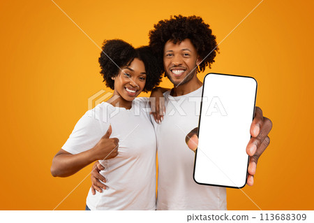 Loving millennial black couple showing phone with blank screen 113688309