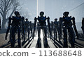 3d rendering of robotics army, industrial group of cyborg machines on factory background. Futuristic AI robotic team, artificial intelligence technology concept. 113688648