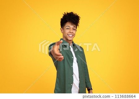 Youthful african american man offering handshake Youthful african american man offering handshake 113688664