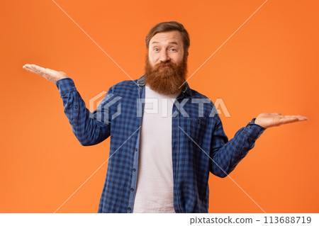 Bearded Man Comparing Options Making Scales With His Empty Hands Bearded Man Comparing Options Making Scales With His Empty Hands 113688719
