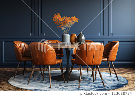 Interior design of a dining room with round table, leather chairs and blue wall. 113688754
