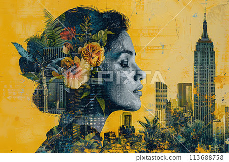 Graphic Design Digital Collage of Woman with Flowers in Hair and Vintage Cityscape Background Graphic Design Digital Collage of Woman with Flowers in Hair and Vintage Cityscape Background 113688758