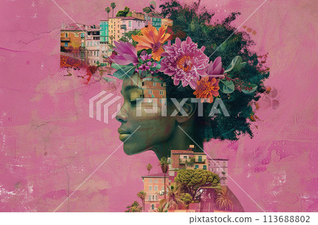 Graphic Design Digital Collage of Black Woman with Flowers in Hair and Urban Magenta Background 113688802