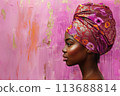 Elegant African Woman in Vibrant Attire Against Textured Magenta Background 113688814