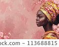 Elegant African Woman in Vibrant Attire Against Pink Textured Background 113688815