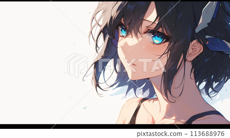 動漫風格的女孩臉圖形，藍眼睛斜視 113688976