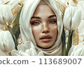 Arab Woman in White Hijab with White Tulips Flowers 113689007