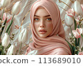 Arab Woman in Pink Hijab with Tulips Flowers. Global Pink Hijab Day 113689010