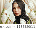 Arab Woman in Hijab with Tulips Flowers on White Background 113689011