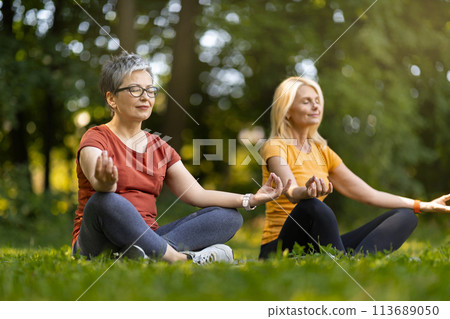 Two serene senior women practicing meditation on yoga mats in peaceful park Two serene senior women practicing meditation on yoga mats in peaceful park 113689050