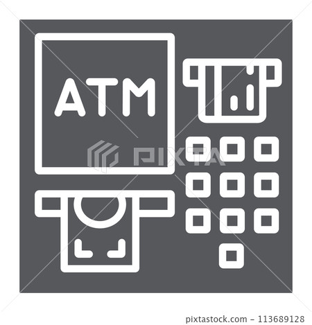 ATM glyph icon, finance and cash, banking machine sign, vector graphics, a solid pattern on a white background. ATM glyph icon, finance and cash, banking machine sign, vector graphics, a solid pattern on a white background. 113689128