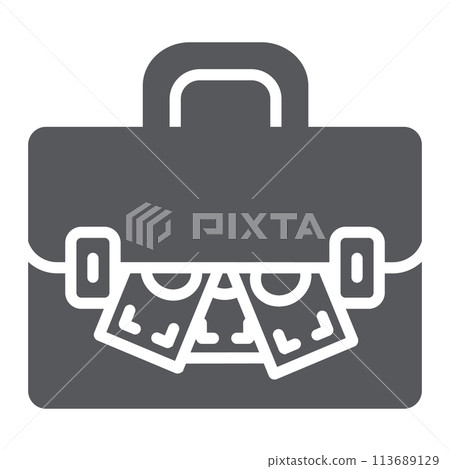 Briefcase with money glyph icon, finance and banking, suitcase and cash sign, vector graphics, a solid pattern on a white background. Briefcase with money glyph icon, finance and banking, suitcase and cash sign, vector graphics, a solid pattern on a white background. 113689129