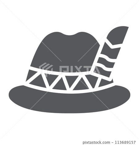 Oktoberfest hat glyph icon, bavarian and cap, bavaria hat sign, vector graphics, a solid pattern on a white background. Oktoberfest hat glyph icon, bavarian and cap, bavaria hat sign, vector graphics, a solid pattern on a white background. 113689157