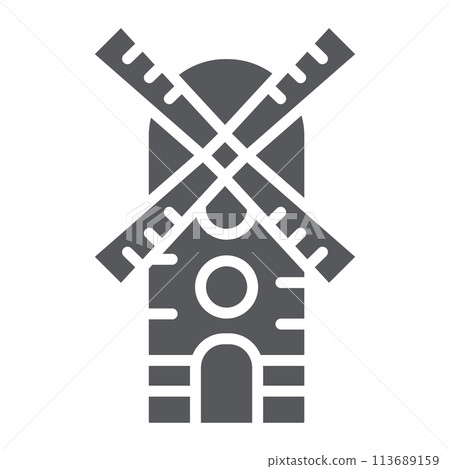 Windmill glyph icon, farm and wind, mill sign, vector graphics, a solid pattern on a white background. Windmill glyph icon, farm and wind, mill sign, vector graphics, a solid pattern on a white background. 113689159