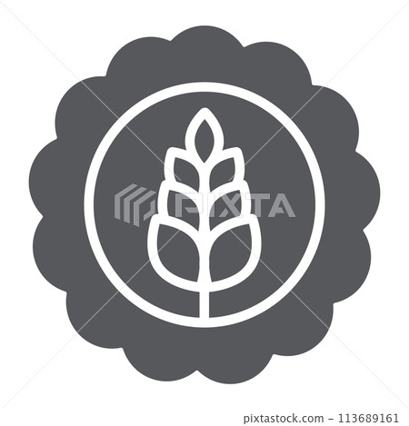 Wheat bage glyph icon, drink and brewery, craft beer bage sign, vector graphics, a solid pattern on a white background. Wheat bage glyph icon, drink and brewery, craft beer bage sign, vector graphics, a solid pattern on a white background. 113689161