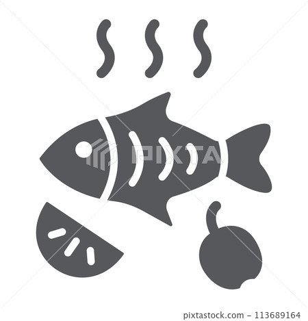 Fried fish glyph icon, food and sea, grilled fish sign, vector graphics, a solid pattern on a white background. Fried fish glyph icon, food and sea, grilled fish sign, vector graphics, a solid pattern on a white background. 113689164