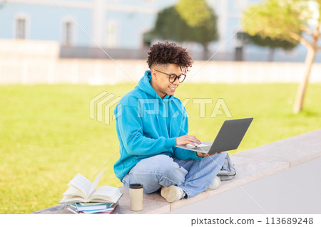 Student with laptop working outdoors, studying at park 113689248