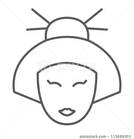 Geisha thin line icon, japan and girl, japanese woman sign, vector graphics, a linear pattern on a white background. Geisha thin line icon, japan and girl, japanese woman sign, vector graphics, a linear pattern on a white background. 113689303