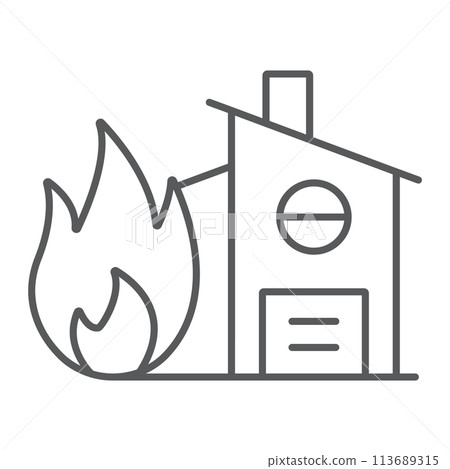 Fire insurance thin line icon, protection and house, home on fire sign, vector graphics, a linear pattern on a white background. 113689315