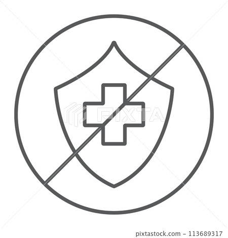 Uninsured thin line icon, protection and life, crossed shield sign, vector graphics, a linear pattern on a white background. Uninsured thin line icon, protection and life, crossed shield sign, vector graphics, a linear pattern on a white background. 113689317