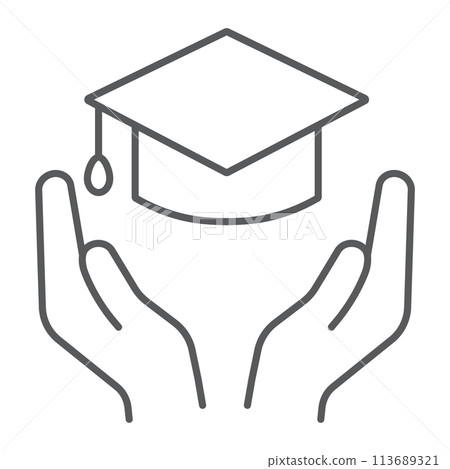Education insurance thin line icon, protection and study, education security sign, vector graphics, a linear pattern on a white background. Education insurance thin line icon, protection and study, education security sign, vector graphics, a linear pattern on a white background. 113689321