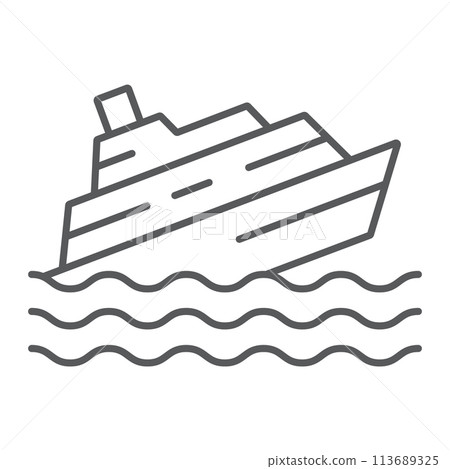 Sinking ship thin line icon, disaster and water, boat catastrophe sign, vector graphics, a linear pattern on a white background. 113689325