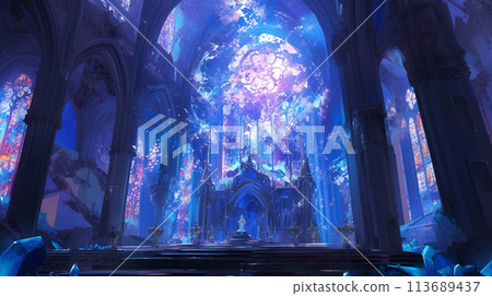 光芒照耀著倒塌的教堂（遊戲背景素材） 113689437