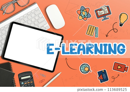 Digital tablet and supplies on orange background with word e-learning. Online education concept 113689525