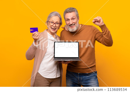 senior couple holding bank card showing laptop empty screen, studio 113689534
