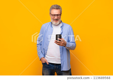 European senior man scrolling through messages on cellphone, studio 113689568