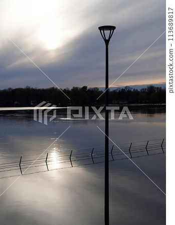 Kyiv, Ukraine April 17, 2023: Flooding - flooding of the embankment in a new area in the city of Kyiv 113689817