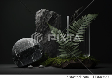 Beautiful natural minimalistic composition with textured stones, fern leaves and moss Beautiful natural minimalistic composition with textured stones, fern leaves and moss 113689844