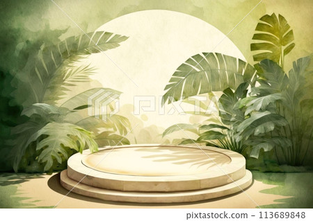 Round floral podium with graphic beautiful twigs of plants. Round floral podium with graphic beautiful twigs of plants. 113689848