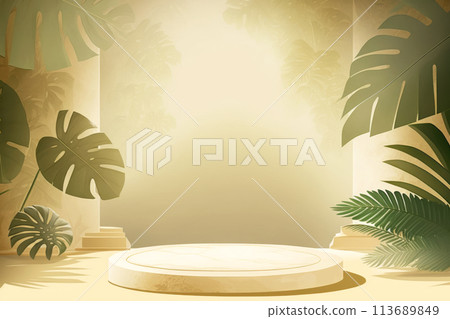Round floral podium with graphic beautiful twigs of plants. Round floral podium with graphic beautiful twigs of plants. 113689849