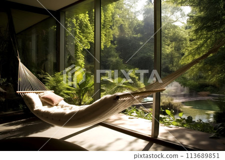Modern cozy interior of the living room with a hammock. Panoramic windows Modern cozy interior of the living room with a hammock. Panoramic windows 113689851