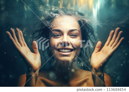 Close-up female portrait of a young attractive caucasian woman laughing and splashing water Close-up female portrait of a young attractive caucasian woman laughing and splashing water 113689854