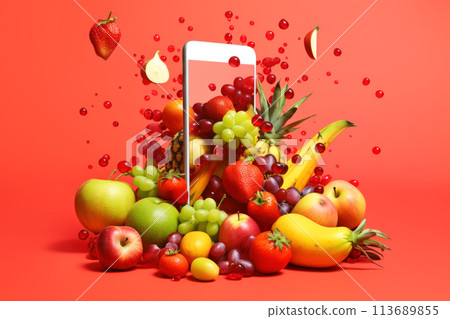 Fruits, berries and citrus fruits come out of the screen of the smartphone Fruits, berries and citrus fruits come out of the screen of the smartphone 113689855