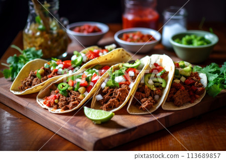 Traditional Mexican dish. Delicious tacos with guacamole and chili. Traditional Mexican dish. Delicious tacos with guacamole and chili. 113689857