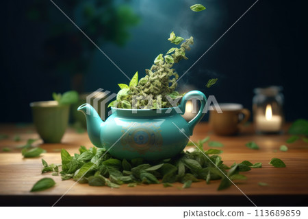 Transparent steaming teapot with flying mint and tea leaves on a wooden stand Transparent steaming teapot with flying mint and tea leaves on a wooden stand 113689859