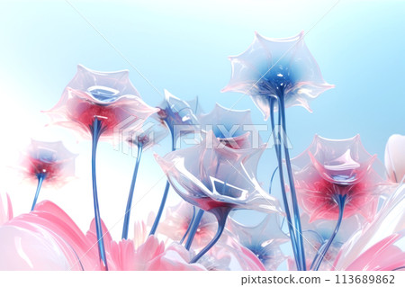 Futuristic floral composition with beautiful glass flowers on a blue sky background Futuristic floral composition with beautiful glass flowers on a blue sky background 113689862
