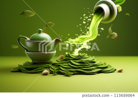 Delicious matcha latte with fluffy foam in a transparent glass with green tea leaf powder Delicious matcha latte with fluffy foam in a transparent glass with green tea leaf powder 113689864