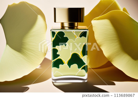 A beautiful glass bottle with herbal perfumes and ginkgo biloba leaves A beautiful glass bottle with herbal perfumes and ginkgo biloba leaves 113689867