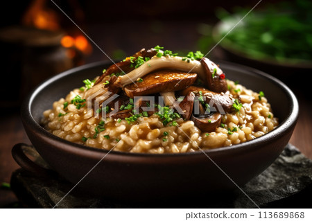 Close-up of a delicious rice dish with mushrooms and herbs. Delicious risotto with rosemary Close-up of a delicious rice dish with mushrooms and herbs. Delicious risotto with rosemary 113689868