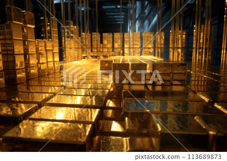 Beautiful backdrop of many blocks of yellow precious metal. Generated by AI. Beautiful backdrop of many blocks of yellow precious metal. Generated by AI. 113689873