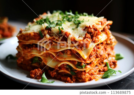 Close-up of a piece of lasagna with meat, cheese and bolognese sauce Close-up of a piece of lasagna with meat, cheese and bolognese sauce 113689875